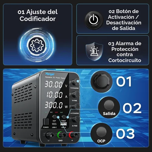 Vista 2 de Fuente de alimentación de CC variable, fuente de alimentación de banco de 30 V 10 A con codificador perilla de ajustes gruesos y finos, fuentes