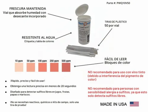 Vista 2 de Bartovation Tiras reactivas de sulfito gratis, 10-500 ppm, paquete de 50