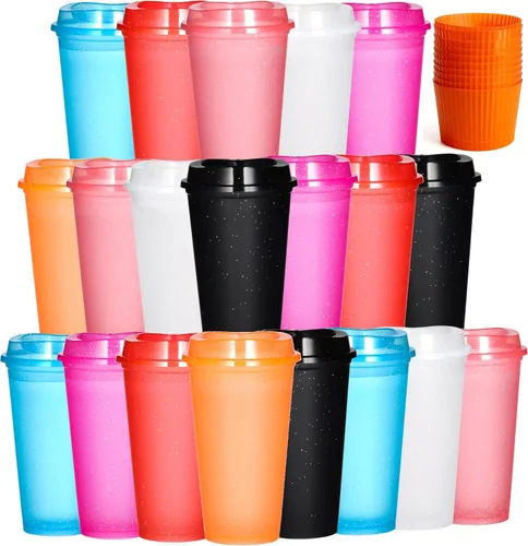 Vista 18 de Paquete de 20 tazas de café reutilizables con tapas, vasos de plástico de 16 onzas, taza de viaje para café helado para adultos y mujeres, bebidas