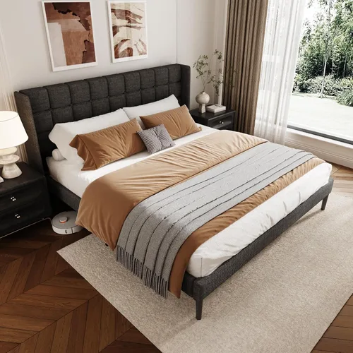 Vista 3 de Base de cama tamaño King con cabecera con respaldo de ala, base de cama tapizada de lino con cabecera capitoné con botones, soporte de listones