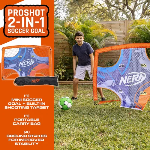 Vista 2 de NERF Mini portería de fútbol para niños + objetivo de tiro, portería de fútbol portátil desplegable Proshot con objetivo integrado, portería 2 en 1
