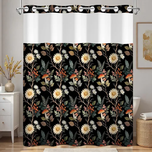 Vista 8 de No Hook Geometric Shower Curtain with Snap in Liner - 71″W x 74″L Waterproof Fabric with Mesh Top Window, Modern Abstract Triangle Design Bath