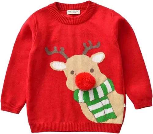 Vista 7 de Suéter de punto para niños y niñas, cuello redondo, de algodón, sudadera con capucha, ropa cálida para otoño e invierno B-rojo suéter de Navidad