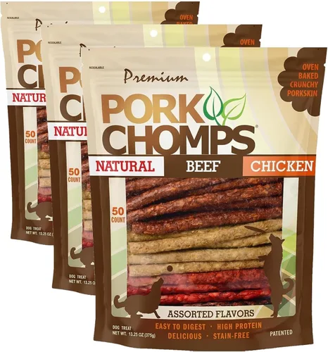 Vista 10 de Pork Chomps Masticables para perros, palitos de 5 pulgadas, sabores surtidos, 50
