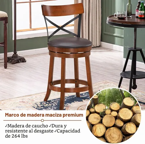 Vista 6 de COSTWAY Juego de 2 taburetes de bar giratorios de madera maciza de 360 grados con cojín suave y respaldo, taburetes de bar de cocina de 25 pulgadas