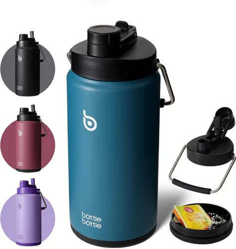 Vista 9 de BOTTLE BOTTLE Botella de agua aislada de 64 onzas con popote y tapa de doble uso, jarra de agua de medio galón, acero inoxidable al vacío para Gris