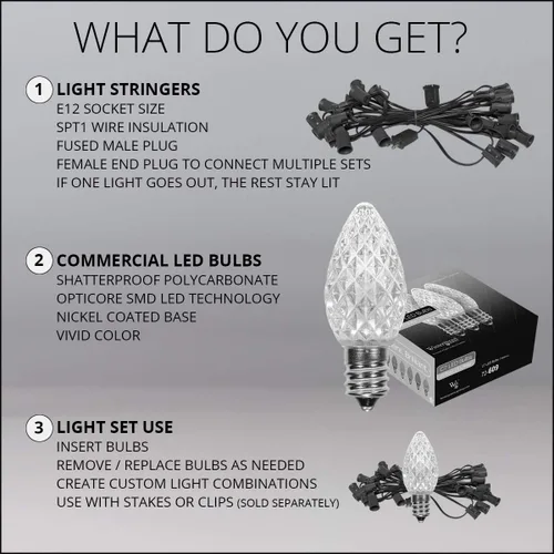 Vista 5 de Wintergreen Lighting C7 OptiCore Luces de Navidad Multicolor Comerciales - Cadena de luces LED de Navidad, luces navideñas al aire libre; cable Verde
