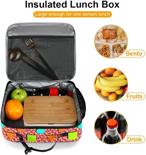 Vista 6 de Lonchera retro de los años 80 y 90 con diseño geométrico reutilizable, bolsa térmica con aislamiento, lonchera para comida, contenedor de comida