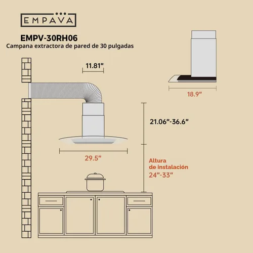 Vista 6 de Empava Campana extractora de montaje en pared de 30 pulgadas, ventilación de escape de estufa de cocina con conductos/sin conductos