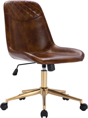Vista 13 de DUHOME Silla de oficina de cuero PU con ruedas Silla de escritorio de Camel con base dorada
