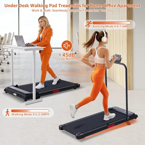 Vista 4 de Walking Pad Treadmill with Handle Bar, 3.0HP Portable Electric Treadmills for Exercising, 0.6-7.6MPH Mini Walking Pad Treadmill with Incline, Under