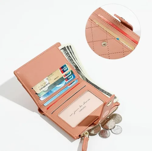 Vista 3 de kuifang Bonita cartera para niñas, pequeña y plegable estética, de piel sintética, bolsillo para efectivo, tarjetero con ventana de identificación
