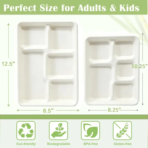 Vista 2 de Platos de papel compostables de 5 compartimentos, paquete de 60 bandejas divididas desechables de 10.25 y 12.5 pulgadas, impermeables y resistentes