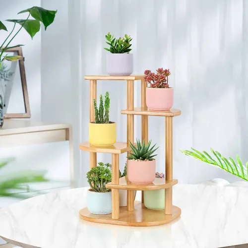 Vista 2 de Jotsport Soporte de bambú de 5 niveles para plantas, estante pequeño para alféizar de ventana, mini suculentas, soporte de exhibición para sala