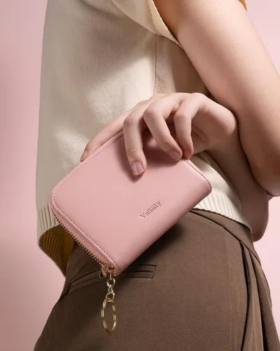 Vista 5 de Vulkitty Cartera pequeña para mujer con bloqueo RFID con cremallera alrededor de la funda triple compacta de cuero para tarjetas con bolsillo