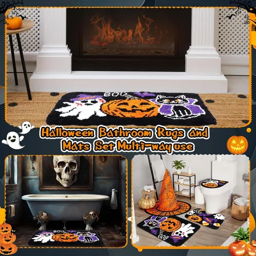 Vista 7 de Breling Juego de 3 piezas de alfombras de baño de Halloween, calabaza, antideslizante, lavable, alfombra de fantasmas, negra y púrpura, cubierta