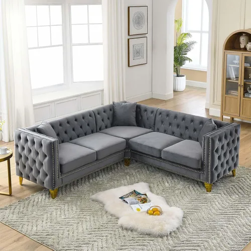 Vista 8 de Antetek Sofás en forma de L para sala de estar, moderno sofá de terciopelo con botones y reposabrazos cuadrados incrustados con cabezas de uñas Negro