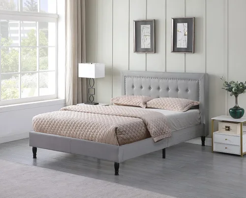 Vista 2 de Base de cama de plataforma tapizada completa con cabecera de 43.5 pulgadas de alto, cama de tela con botones, soporte de listones de madera con Gris