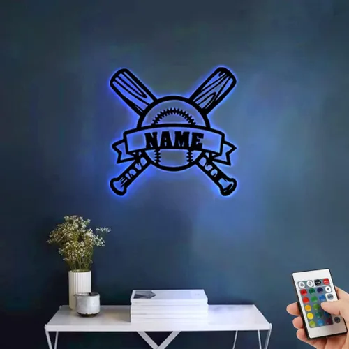 Vista 2 de Nombre Personalizado 7 Colores Lámpara de Béisbol Arte de Pared de Béisbol Personalizado Luz Nocturna Letrero de Nombre LED Regalo para Hombres
