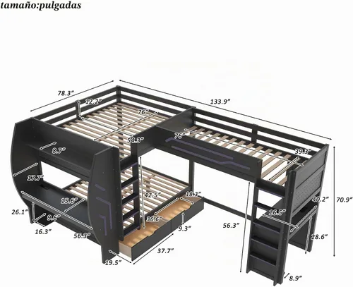 Vista 2 de Cama tipo loft en forma de L tamaño matrimonial e individual con 2 escritorios, tablero de clavijas y cajones de almacenamiento, marco de cama