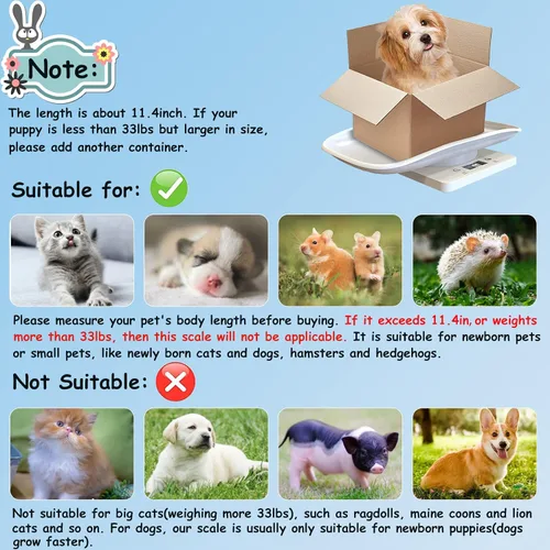 Vista 2 de Báscula digital para mascotas, báscula de pesaje electrónica LCD portátil con bandeja (máximo 33 libras), báscula de peso para animales pequeños