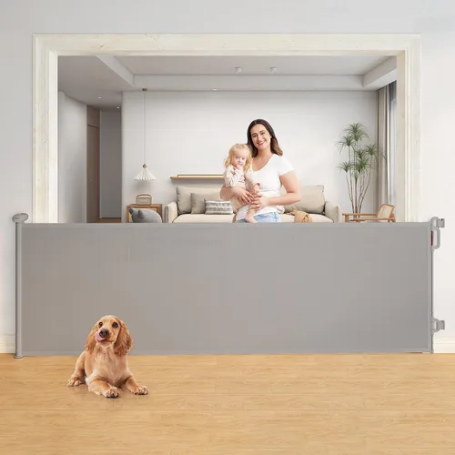 Vista 17 de Momcozy - Puerta retráctil para seguridad de bebés y niños, altura de 33 pulgadas, se extiende hasta 55 pulgadas de ancho, adecuada para escaleras