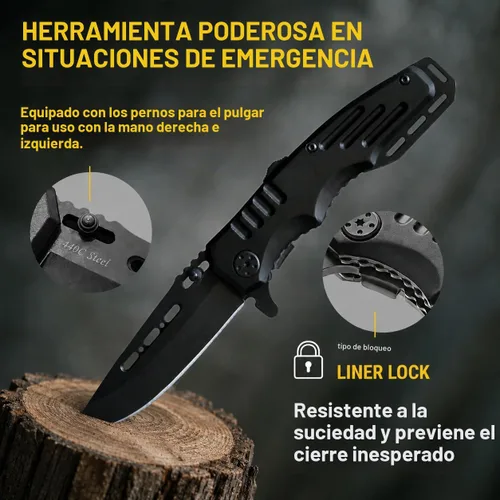 Vista 6 de Navaja de bolsillo con bloqueo de seguridad - Hoja afilada de 3.4 pulgadas - Cuchillo táctico plegable con mango de aluminio - Herramienta ideal