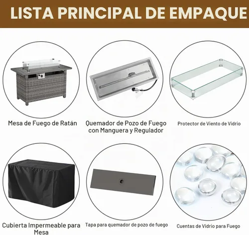 Vista 8 de Mesa para fogata de 44 pulgadas con protector contra el viento para exteriores, fogatas de gas propano de encendido automático, mesa rectangular