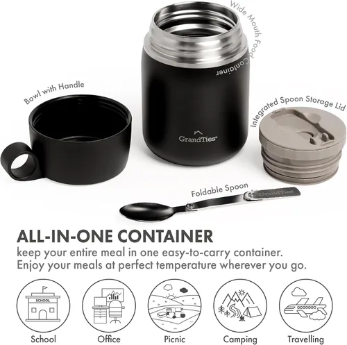 Vista 2 de GRANDTIES Tarro de comida aislado, recipiente térmico de acero inoxidable de boca ancha de 20 onzas sin BPA para alimentos calientes, con asa