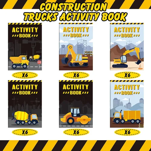 Vista 3 de Sinmoe Juego de 36 libros de actividades para fiestas infantiles, incluye camiones de construcción: camiones volquete, excavadoras, grúas, tractores