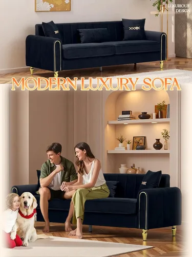 Vista 7 de Sofá de terciopelo de 87.5 pulgadas, sofá de 3 plazas, cómodo y moderno, con 3 almohadas suaves, sofá tapizado para sala de estar, dormitorio