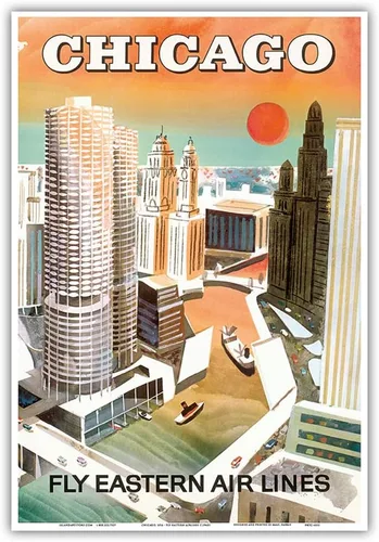 Vista 10 de Chicago USA - Marina City Chicago River - Fly Eastern Airlines - Vintage Airline Travel Poster c.1960s - Master Art Print (Unframed) 6in x 9in