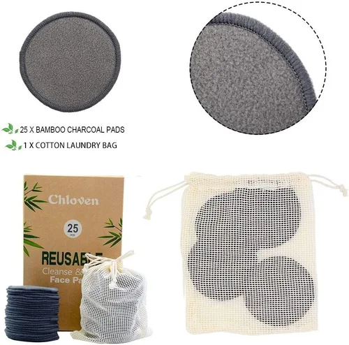 Vista 2 de Chloven Paquete de 25 almohadillas de bambú reutilizables para desmaquillarse de carbón, almohadillas de algodón reutilizables de bambú para tóner