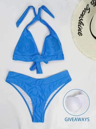 Vista 5 de Conjunto de bikini para mujer, traje de baño de dos piezas, sexy, ajustable, halter, traje de baño de corte alto