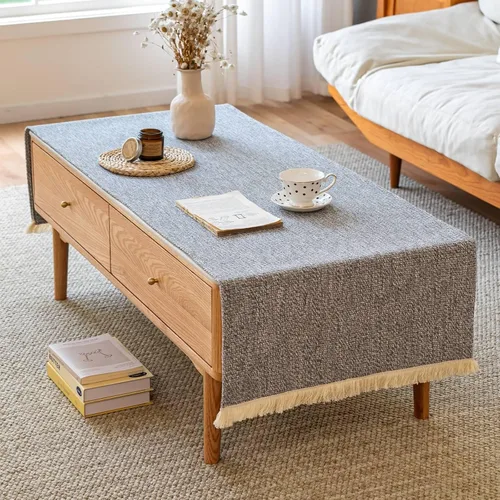 Vista 2 de Camino de mesa auxiliar de algodón pesado, funda rectangular grande con ribete de encaje, mantel central tejido a mano para sala de estar