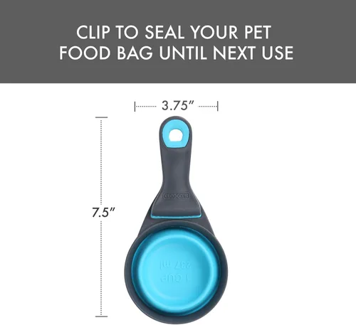 Vista 2 de Dexas Popware - Klip Scoop plegable para mascotas, diseño 3 en 1, conveniente taza medidora, recogedor de alimentos y clip para bolsa, cuchara