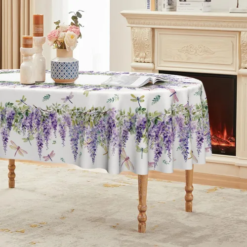 Vista 7 de Horaldaily Mantel rectangular de 52×70 pulgadas, morado lavanda Cubierta de mesa lavable de temporada con hojas de libélula floral para cocina