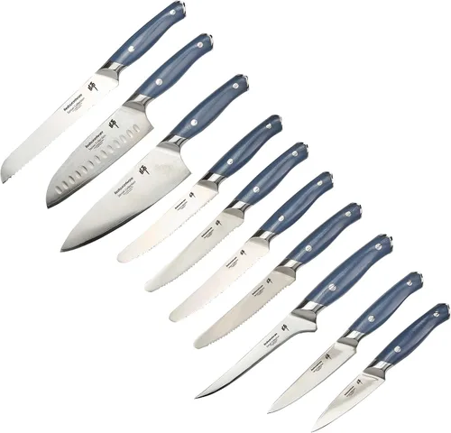 Vista 12 de Restaurantware Sensei - Juego de 8 cuchillos de acero alemán negro con pasadores codificados de colores para chefs, afilado, resistente a