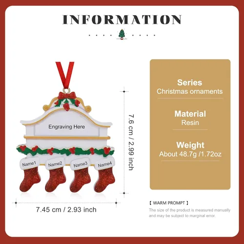 Vista 2 de Adornos de Navidad 2024, adornos de Navidad personalizados con nombre grabado, adorno de calcetín de Navidad para decoración de árbol (4 nombres)