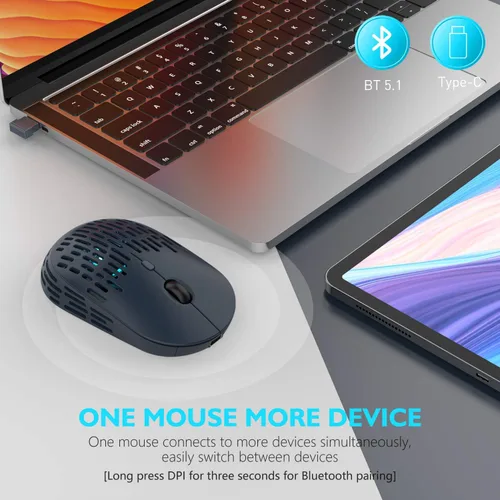 Vista 2 de RAPIQUE Ratón inalámbrico Bluetooth, mouse Bluetooth silencioso recargable de modo dual con receptor tipo C 2.4G para laptop, iMac, Chromebook, Azul