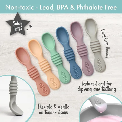 Vista 2 de PrimaStella Juego de cucharas masticables de silicona para bebés y niños pequeños, seguridad probada, sin BPA, apta para microondas, lavavajillas