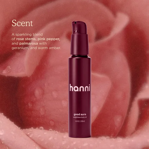 Vista 7 de HANNI Good Aura Aceite corporal en seco ligero, hidratante después de la ducha con aceites de jojoba, coco, baobab y buriti, cuidado de la piel