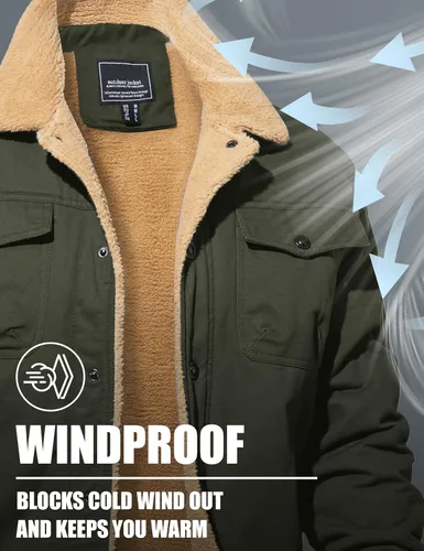 Vista 4 de MAGNIVIT Chaqueta cargo de algodón para hombre, chaqueta de trabajo con forro polar Sherpa de invierno con 5 bolsillos