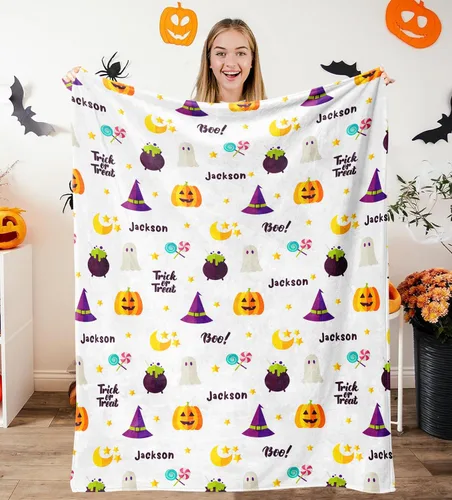 Vista 18 de Manta de Halloween personalizada con nombre, mantas de Halloween personalizadas para niños, Halloween personalizada para niños y niñas, bonita manta