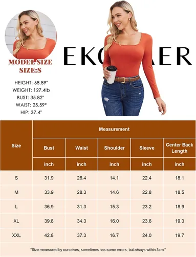 Vista 6 de Ekouaer Camisetas de manga larga para mujer, cuello cuadrado, ajustadas, de algodón, térmica, básica, elástica, S-XXL