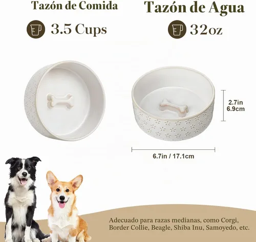 Vista 2 de MALACASA - Cuenco de comida de cerámica para perros, plato de agua para razas medianas, 4 tazas
