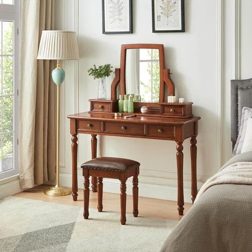 Vista 7 de 39.4in Vintage Vanity Desk with Adjustable Angle Mirror, Wooden Dressing Table Set for Bedroom with 5 Drawers, Cushioned Stool