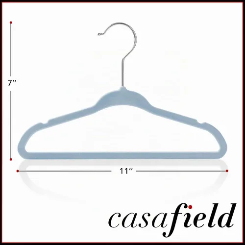 Vista 5 de Casafield 50 perchas de terciopelo para bebé, tamaño de 11 pulgadas para ropa de bebés y niños pequeños, color azul claro