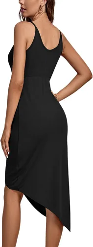 Vista 2 de LYANER Vestido midi de fiesta con cuello en V y tirantes delgados fruncidos y abertura frontal para mujer