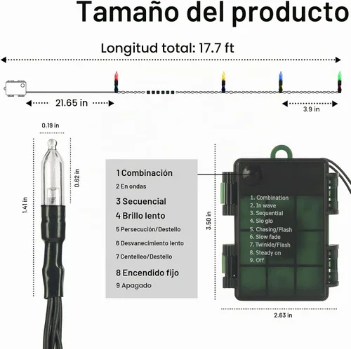 Vista 6 de Luces de Navidad a pilas para exteriores, 2 paquetes de 5.4 m, 50 luces LED multicolores mini para Navidad, Luces de Navidad con control remoto, 8